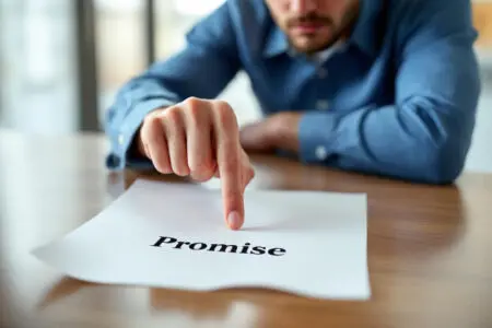 a person pointing at a written promise while another looks skeptical illustrating when actions show otherwise