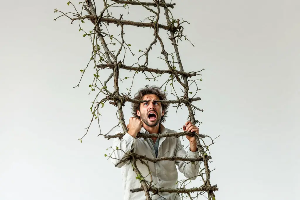a person trying to climb a ladder made of brittle twigs a metaphor for the inherent danger in asking is my relationship toxic - Dating Man Secrets - Psychology Attraction Tips Revealed a person trying to climb a ladder made of brittle twigs a metaphor for the inherent danger in asking is my relationship toxic