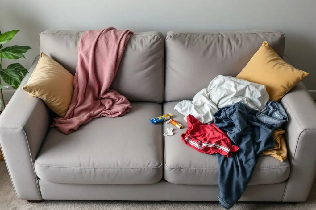 a shared sofa with one side tidy and the other neglected illustrating when someone stops making an effort - Dating Man Secrets - Psychology Attraction Tips Revealed a shared sofa with one side tidy and the other neglected illustrating when someone stops making an effort