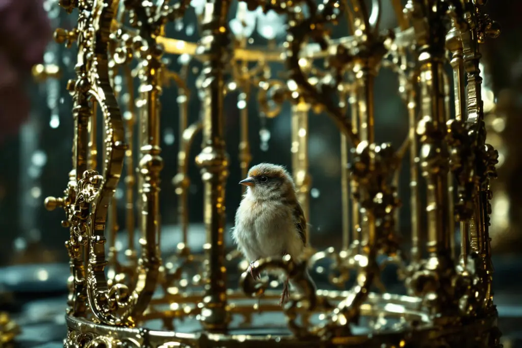 a small bird in a disproportionately large ornate open cage symbolizing the overwhelming and sometimes confining nature of love bombing