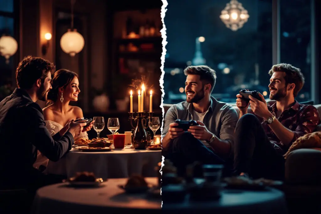 a split image showing a couple on a formal date and then casually gaming questioning if they are dating or hanging out