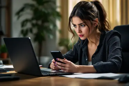 a woman anxiously keeps looking at her silent phone while trying to work illustrating the frustration of dealing with a slow texter