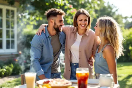 a woman at a barbecue happily putting her arm around her boyfriend as she makes the decision to introduce him to friends