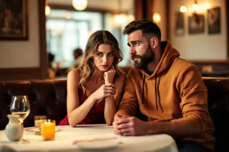 a woman dressed for a date sits opposite a man dressed casually showing the confusion between dating or hanging out