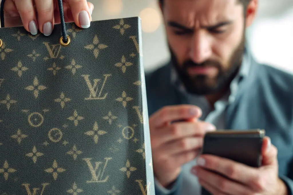 a woman holding an expensive shopping bag while a man looks stressed at his empty wallet a visual cue for signs of a gold digger - Dating Man Secrets - Psychology Attraction Tips Revealed a woman holding an expensive shopping bag while a man looks stressed at his empty wallet a visual cue for signs of a gold digger