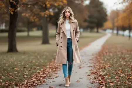 a woman in a stylish and comfortable autumn outfit perfectly demonstrating what to wear on a first date