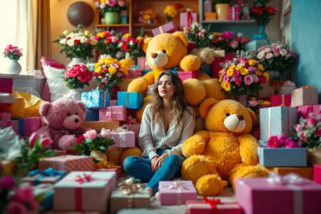 a woman looking overwhelmed in a room overflowing with flowers and gifts a visual metaphor for love bombing