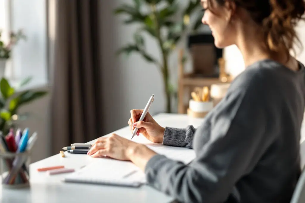 a woman meticulously color-coding her planner at a clean desk symbolizing the organized nature of dating a virgo woman - Dating Man Secrets - Psychology Attraction Tips Revealed a woman meticulously color-coding her planner at a clean desk symbolizing the organized nature of dating a virgo woman
