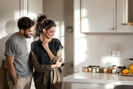 a woman meticulously organizing her kitchen while her partner watches lovingly symbolizing the experience of dating a virgo woman - Dating Man Secrets - Psychology Attraction Tips Revealed a woman meticulously organizing her kitchen while her partner watches lovingly symbolizing the experience of dating a virgo woman
