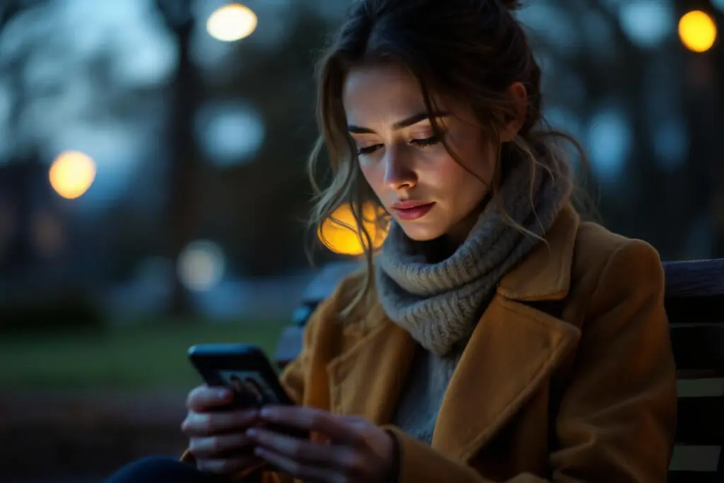 a woman on a park bench looking wistfully at an old photo of her with an ex showing she is hung up on her ex - Dating Man Secrets - Psychology Attraction Tips Revealed a woman on a park bench looking wistfully at an old photo of her with an ex showing she is hung up on her ex