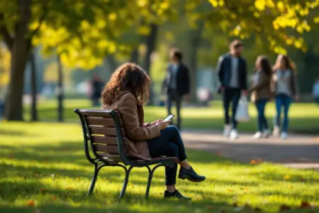 a woman sits alone on a park bench while other couples enjoy themselves in the background a metaphor for benching in dating
