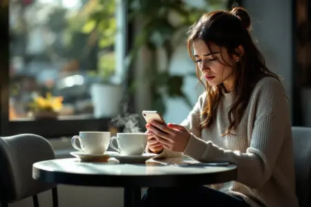 a woman sitting alone with two coffees at a cafe looking sadly at her phone as a clear representation of ghosting