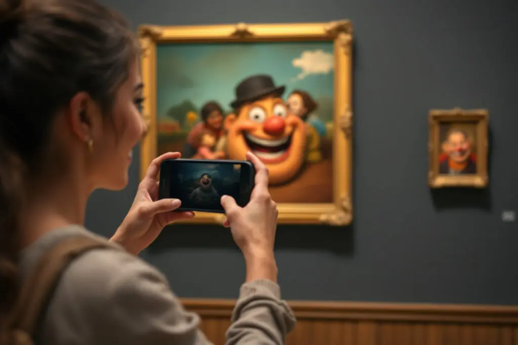 a woman smiling as she takes a picture of art to share capturing the spontaneous spirit to text him first