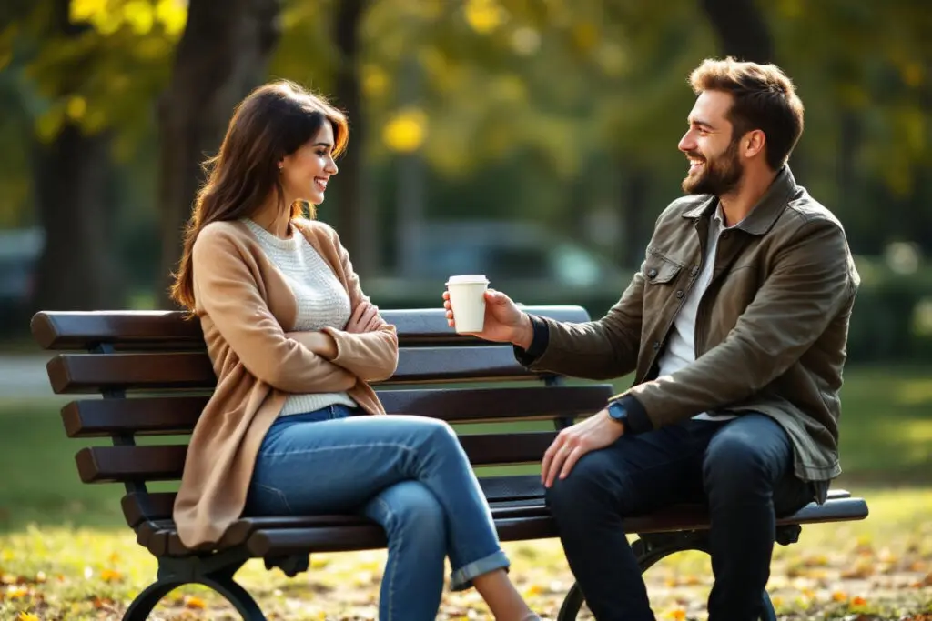 a woman with a cautious closed-off posture on a park bench as a man approaches illustrating the challenge of dating a guarded woman - Dating Man Secrets - Psychology Attraction Tips Revealed a woman with a cautious closed-off posture on a park bench as a man approaches illustrating the challenge of dating a guarded woman