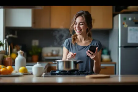 a womans face breaks into a wide smile of relief while cooking as she reads a message capturing the feeling when he finally texted back