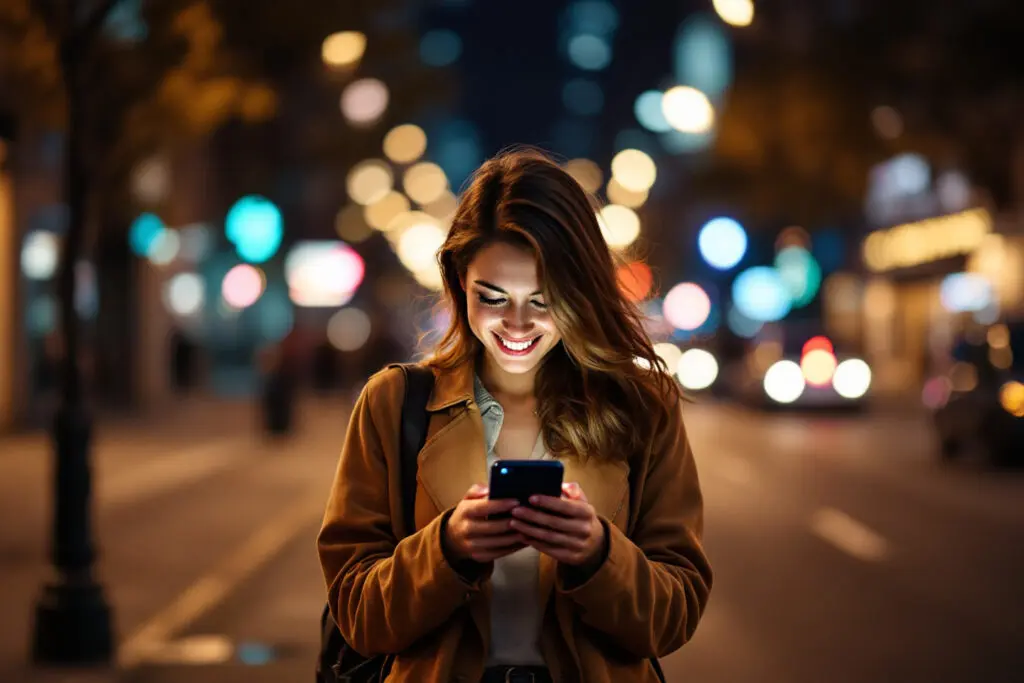 a womans joyful smile as she reads a text after a date a clear sign the other person wants a second date