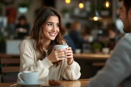 a young woman looking shy and hopeful on a first date embodying the feeling of someone who has never had a boyfriend