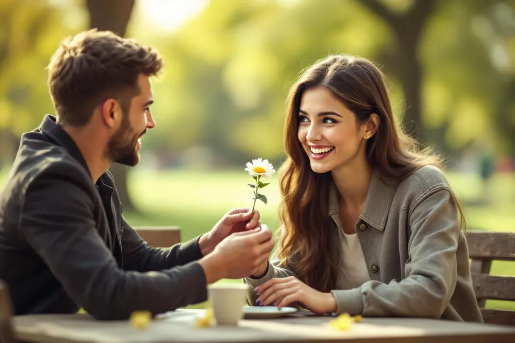 a young womans face lighting up with pure joy as she receives a simple flower depicting someone who has never had a boyfriend experiencing a first - Dating Man Secrets - Psychology Attraction Tips Revealed a young womans face lighting up with pure joy as she receives a simple flower depicting someone who has never had a boyfriend experiencing a first
