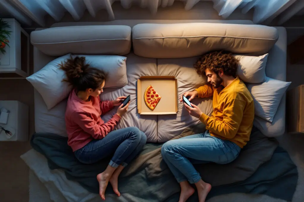 an aerial view of two individuals on a couch comfortable but disconnected illustrating what is a situationship - Dating Man Secrets - Psychology Attraction Tips Revealed an aerial view of two individuals on a couch comfortable but disconnected illustrating what is a situationship