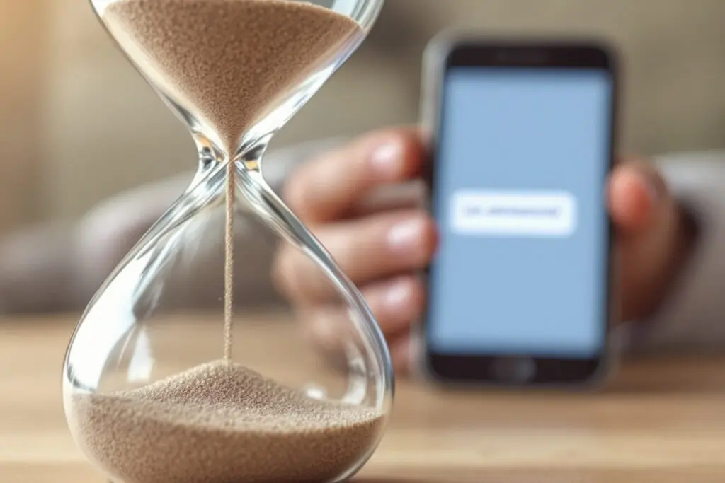 an hourglass with sand slowly trickling paired with a blurred phone displaying an unread message symbolizing a slow texter