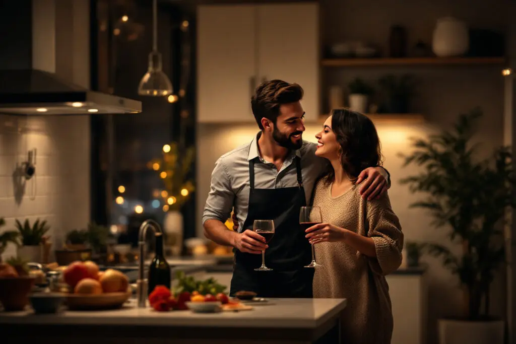 an intimate couple cooking dinner together in an apartment a moment of domestic comfort often associated with the three-date rule