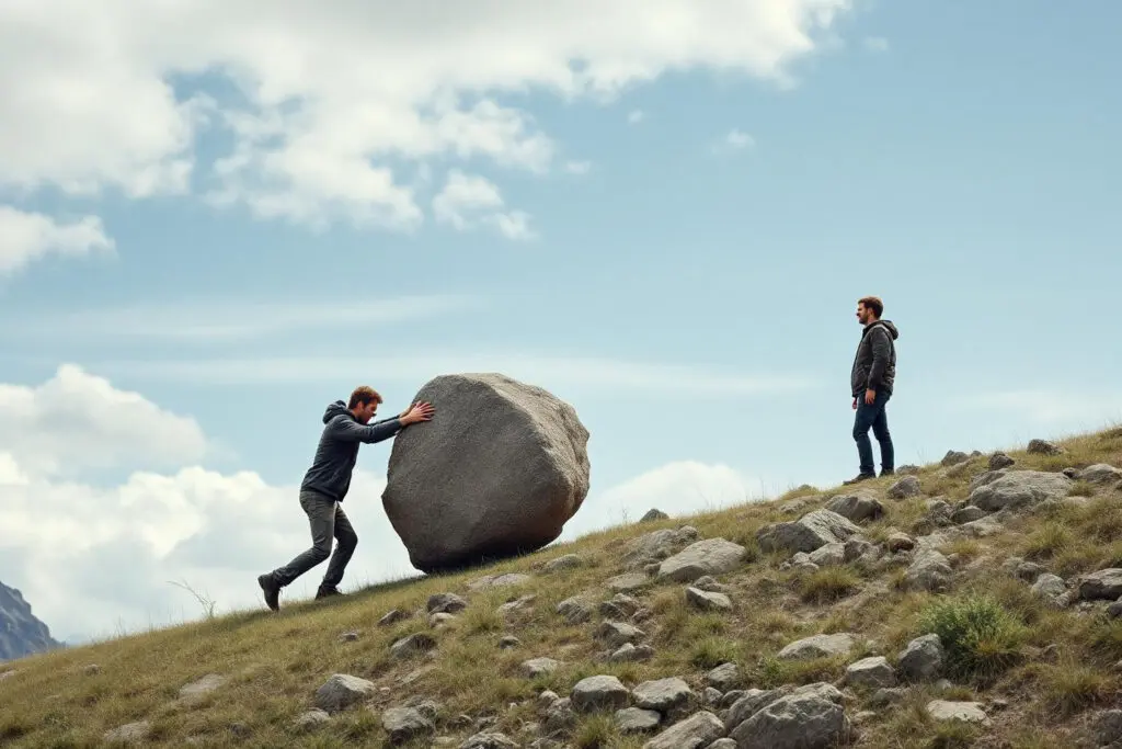 one person pushing a heavy rock uphill while another watches idly a clear visual of a one-sided relationship - Dating Man Secrets - Psychology Attraction Tips Revealed one person pushing a heavy rock uphill while another watches idly a clear visual of a one-sided relationship