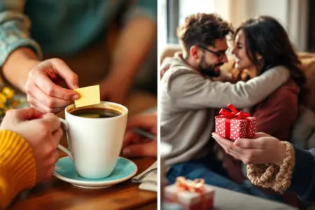 various affectionate gestures including a note a hug and a gift representing the 5 love languages