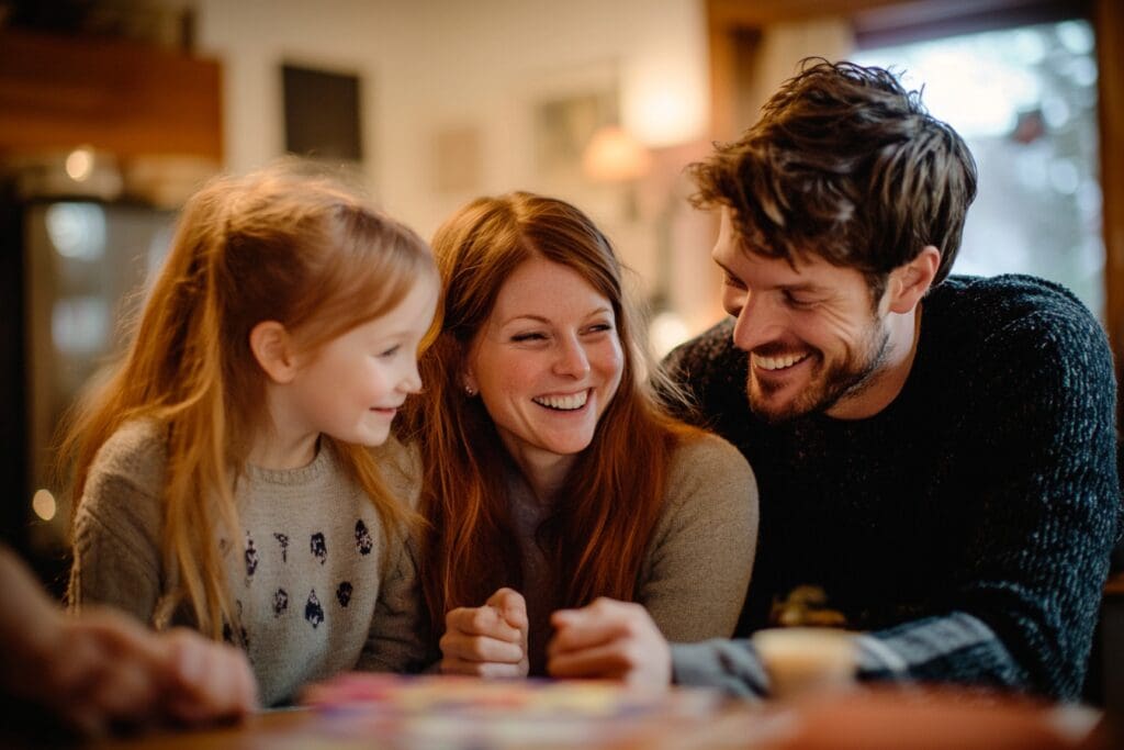 A man, a woman, and a young girl smile together while sitting at a table, engaged in an activity indoors.
