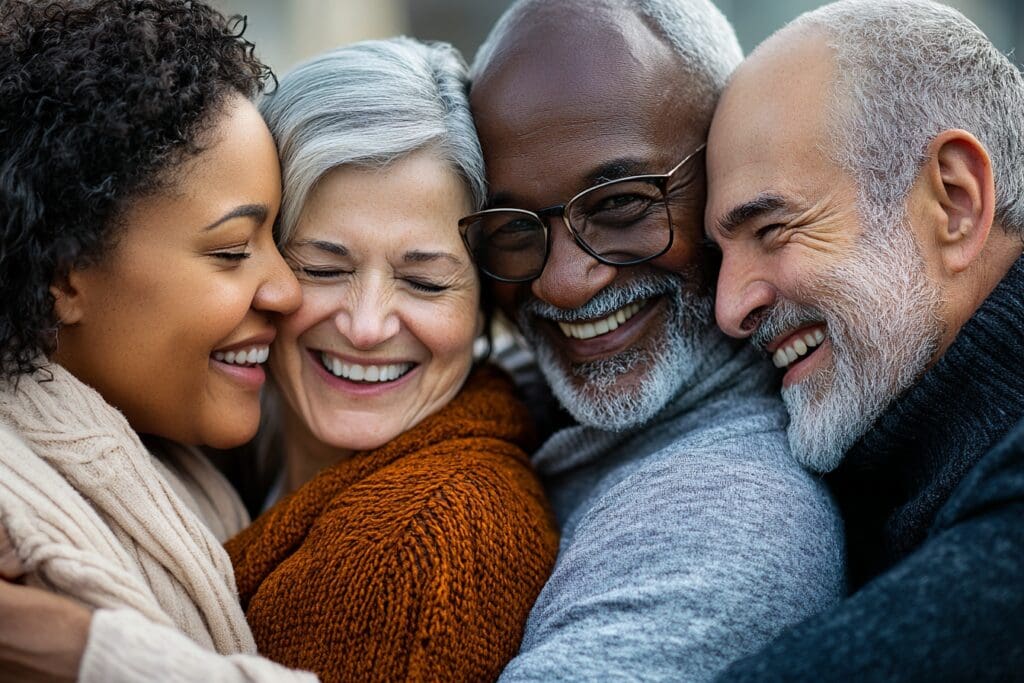 A group of four adults stand closely together, embracing and laughing happily.