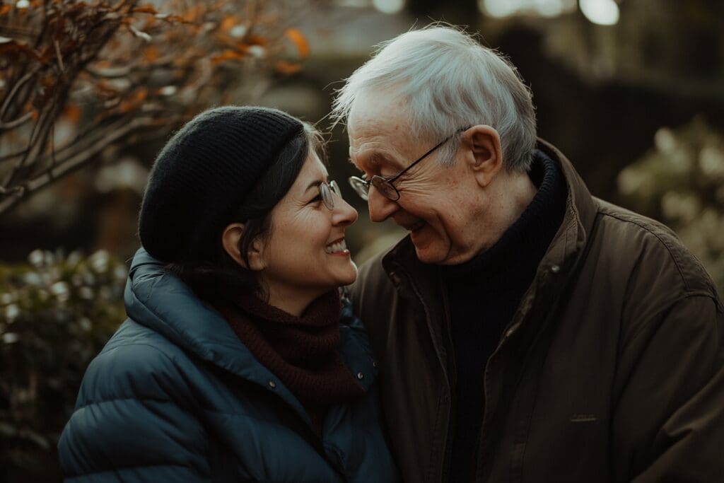 A man and woman look lovingly at each other while standing close together outdoors.