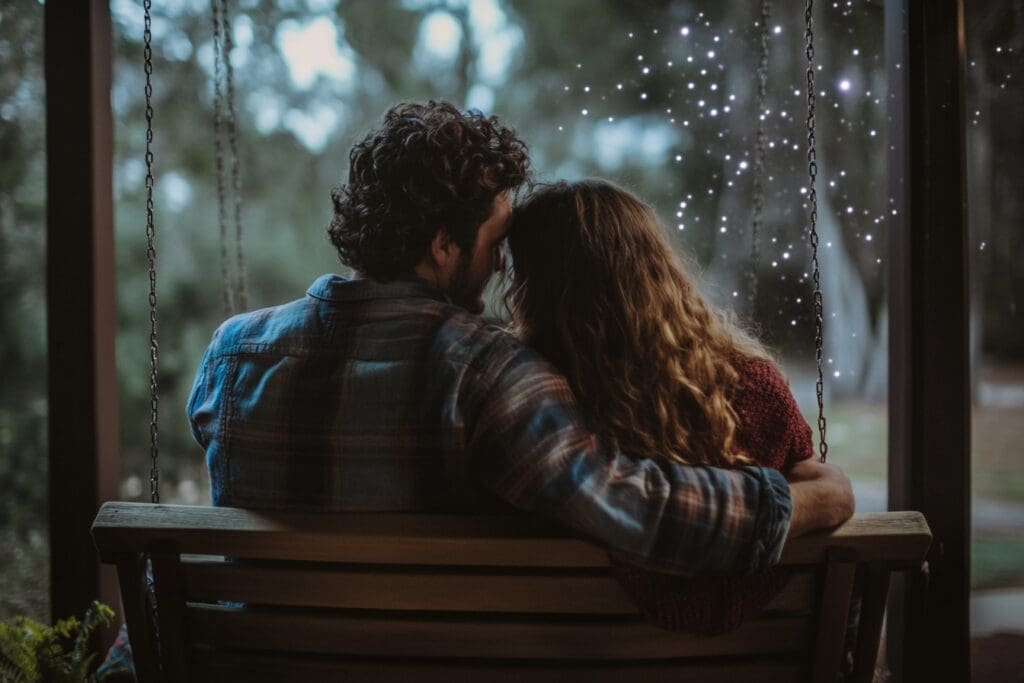 Couple embracing on a cozy porch swing.