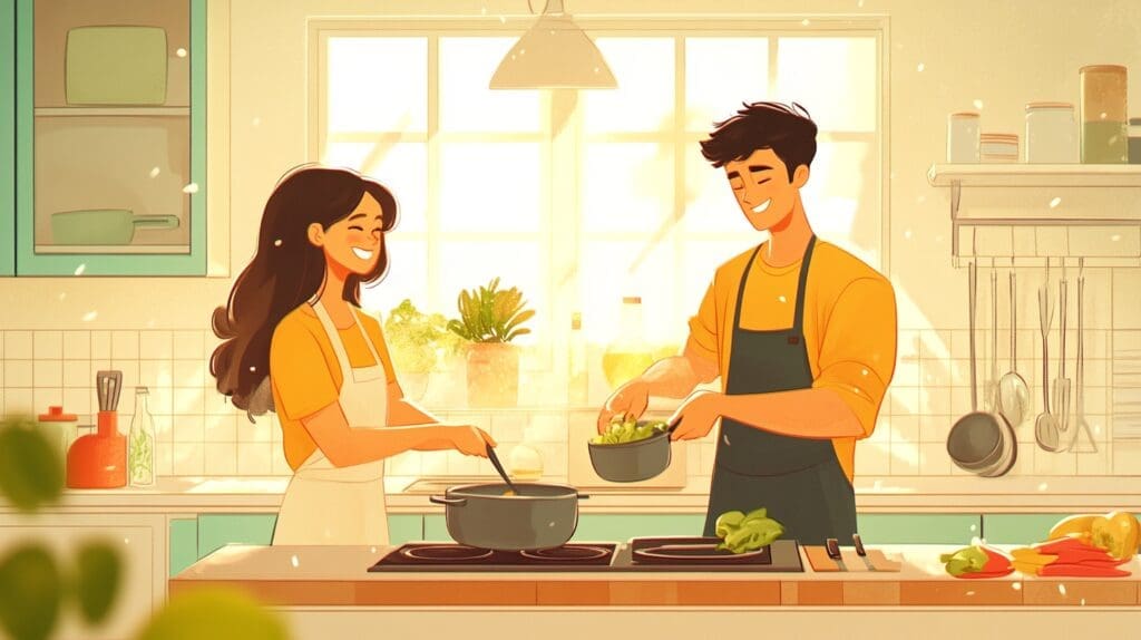 Couple cooking together building healthy relationship.