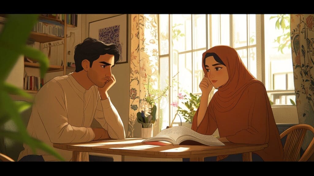 Couple discussing relationships dating a Muslim man.