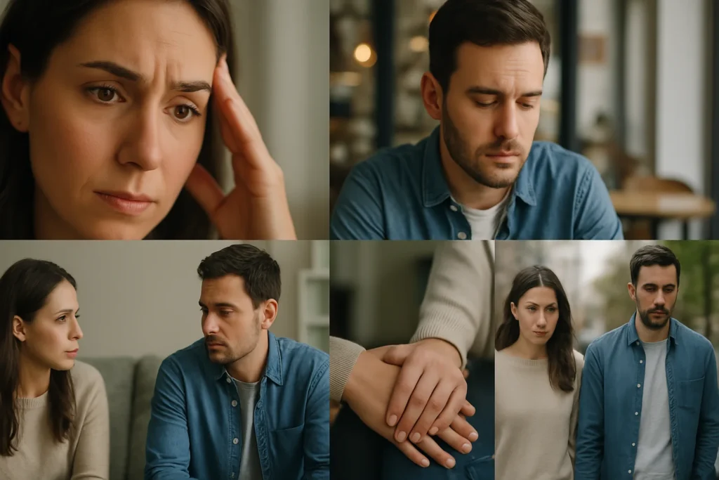 Collage illustrating challenges when dating an insecure man: close-up of a concerned woman, close-up of a sad or withdrawn man, and the couple looking tense together.