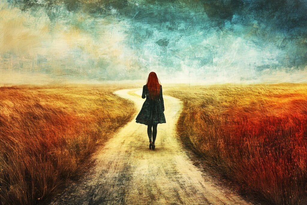 Woman walking on a winding country path