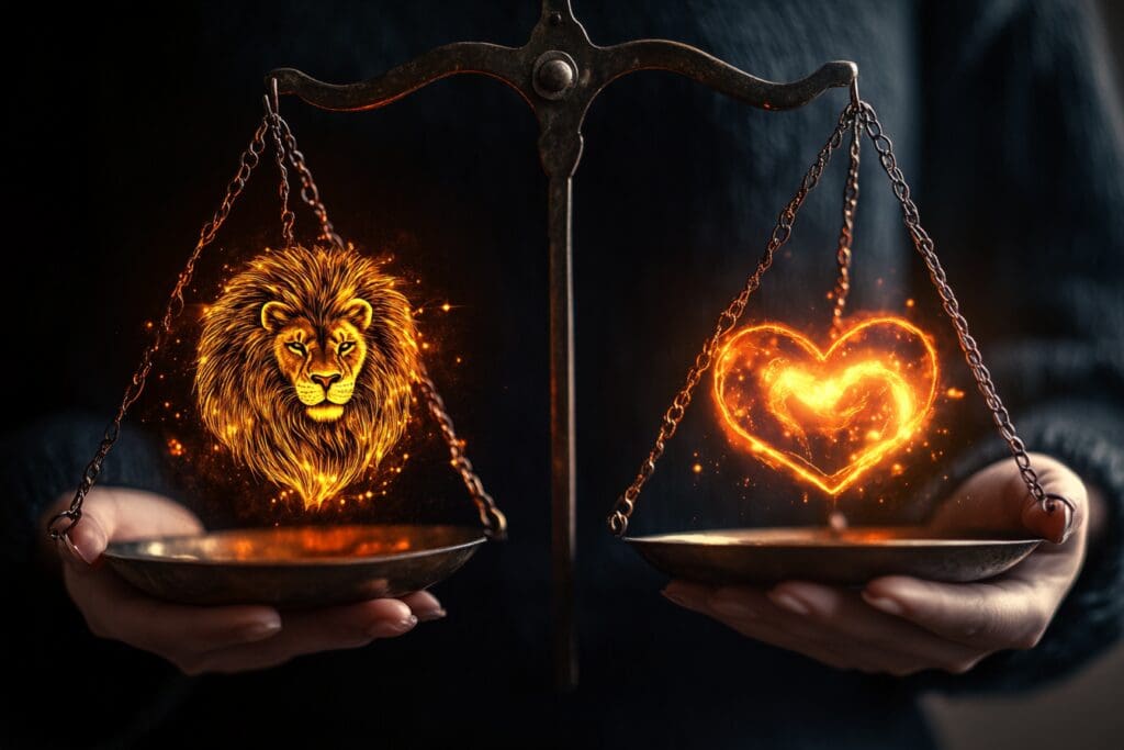 Lion and heart on glowing balance scale