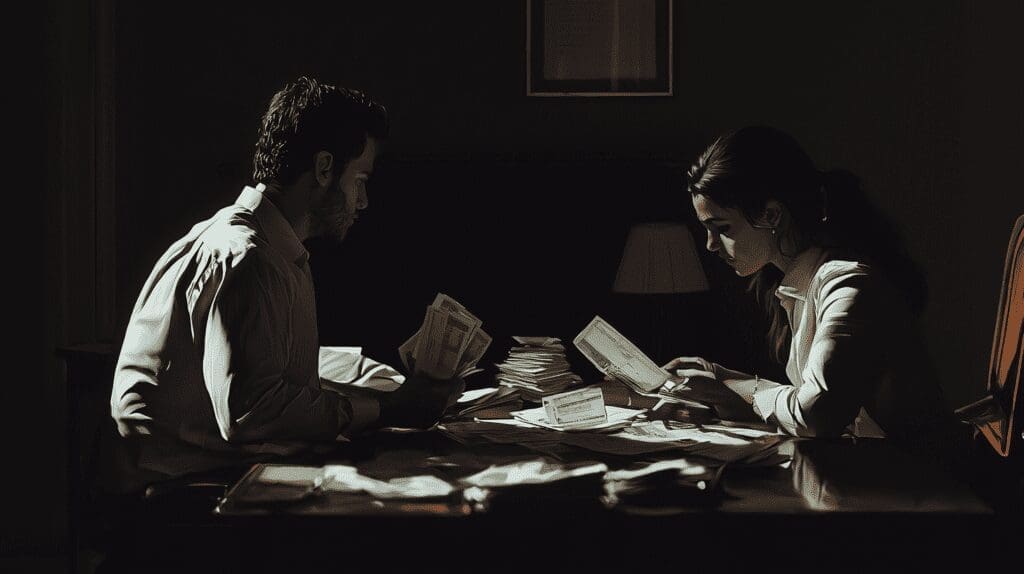 Two people examining documents in financial secrecy.