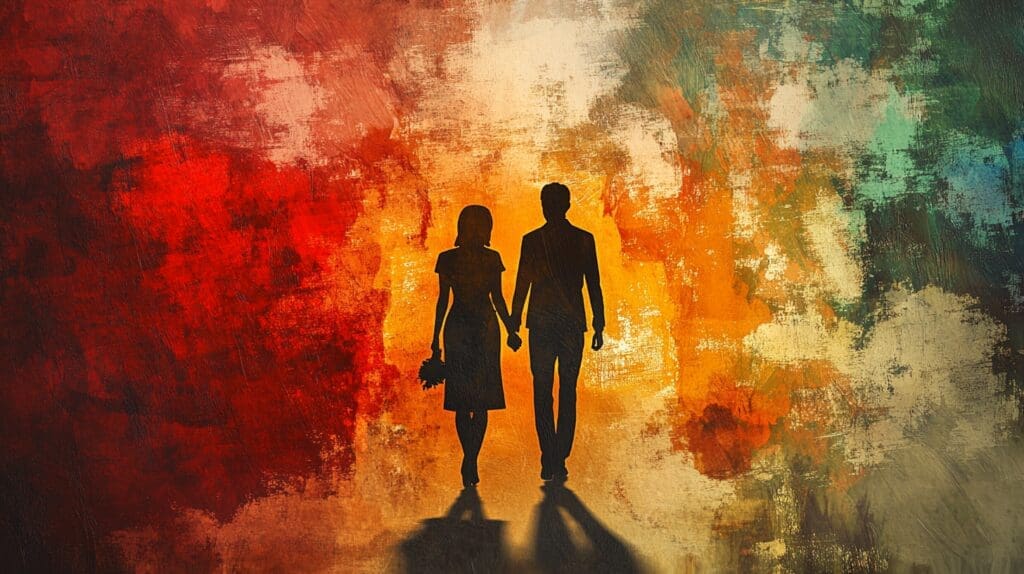 Silhouette couple walking against colorful artistic background