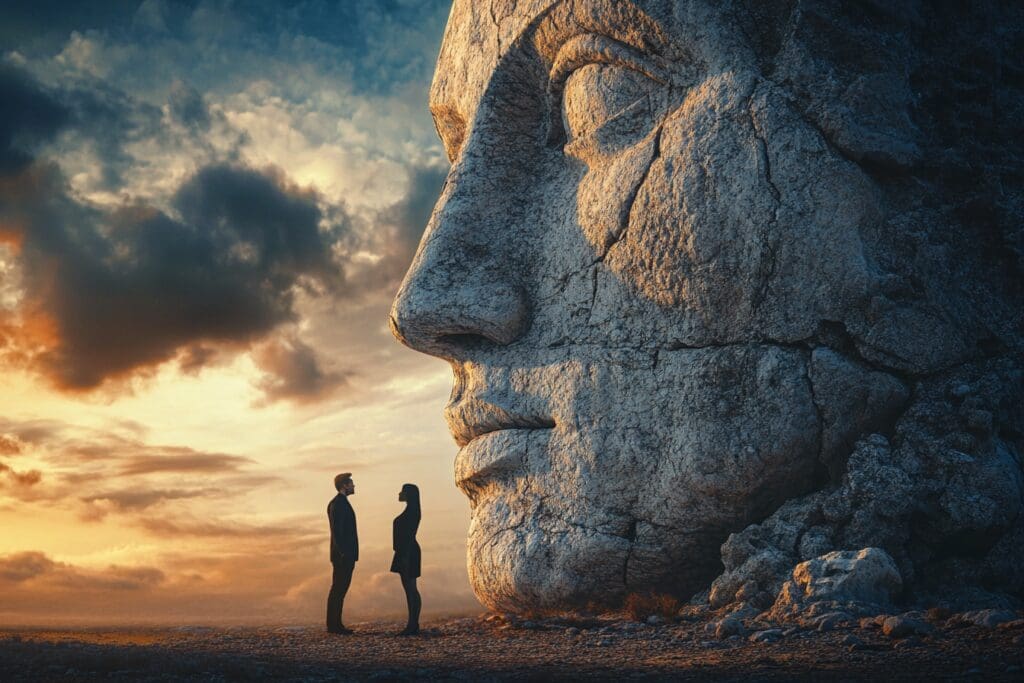 People standing before giant stone face sculpture