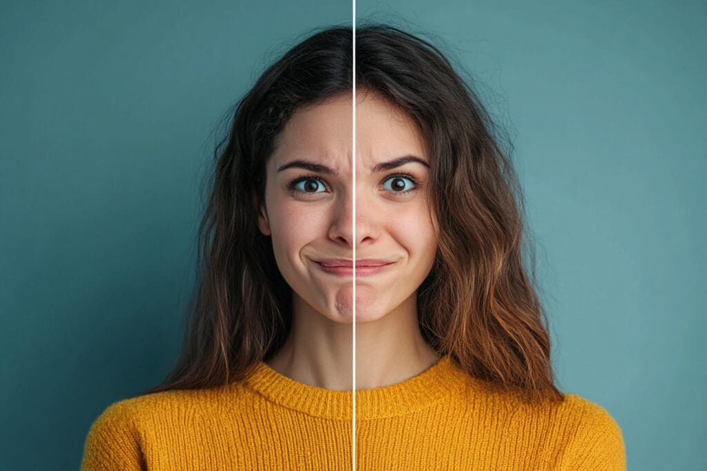 Woman showing different facial expressions split view