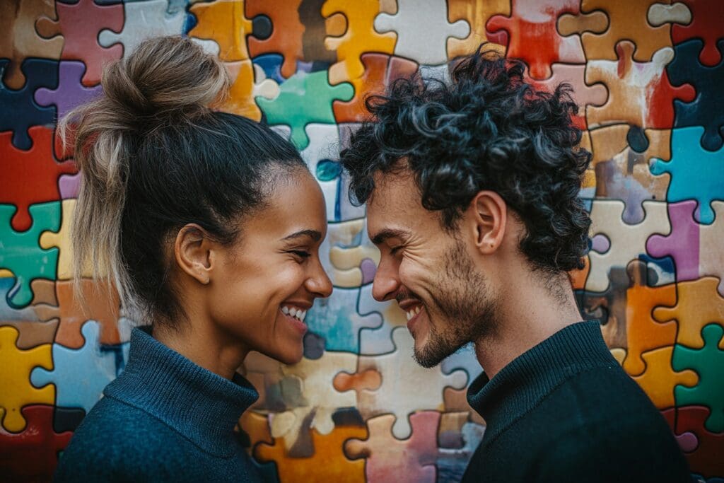A man and woman smile warmly as they face each other closely, standing in front of a background made of colorful jigsaw puzzle pieces.
