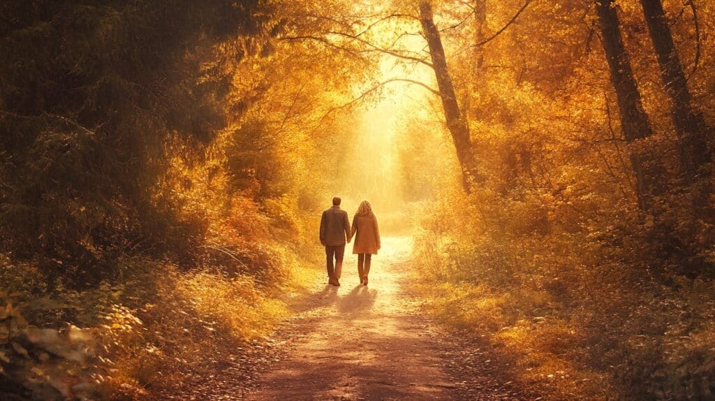 Couple walking in autumn forest moving forward