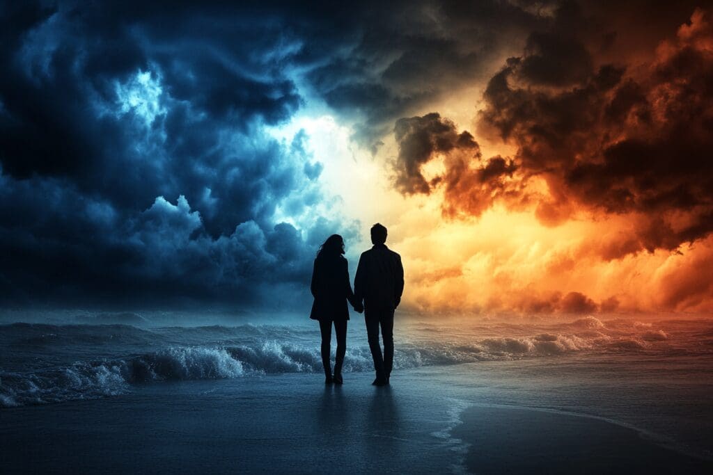Silhouettes of a couple standing together facing a dramatic sky split between dark storm clouds on one side and fiery orange clouds on the other. Sources and related content