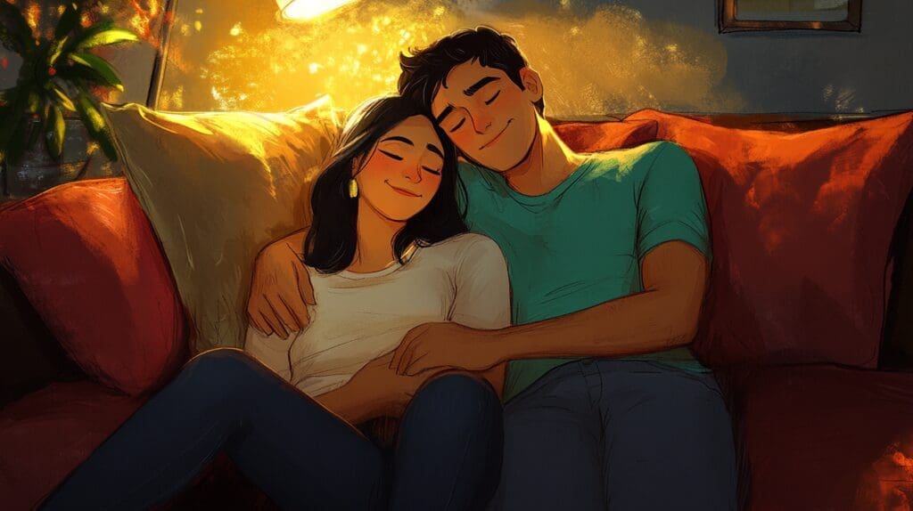 Couple cuddling on couch showing physical intimacy