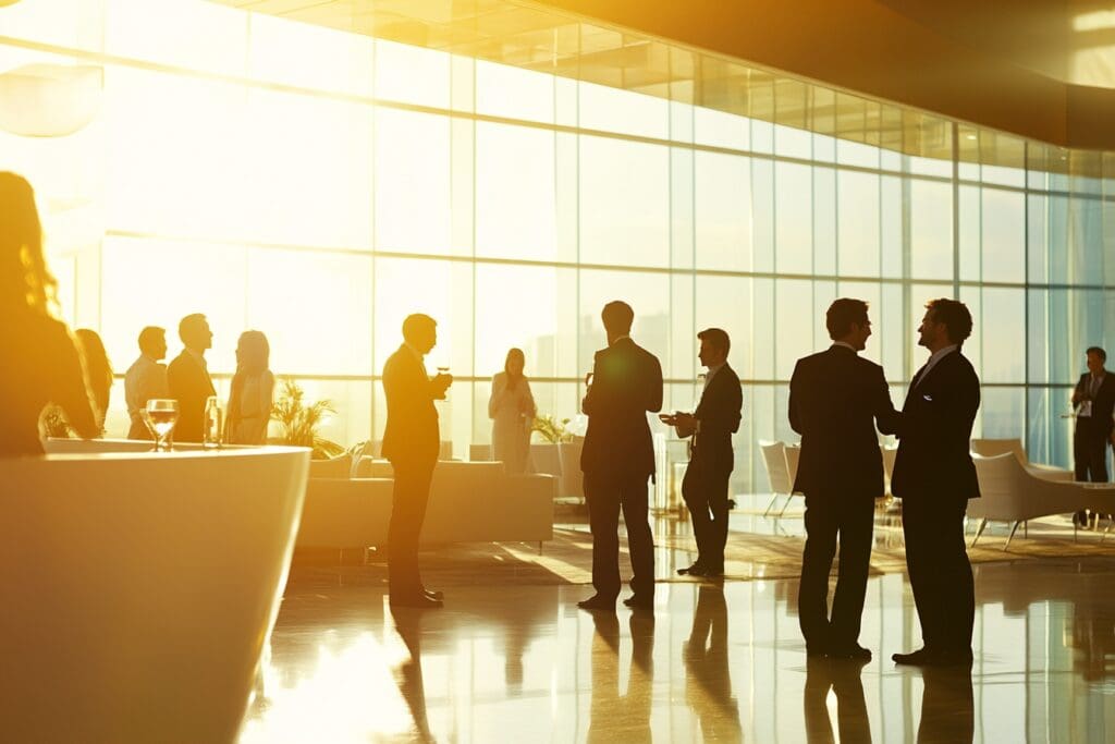 Business professionals networking at corporate event.