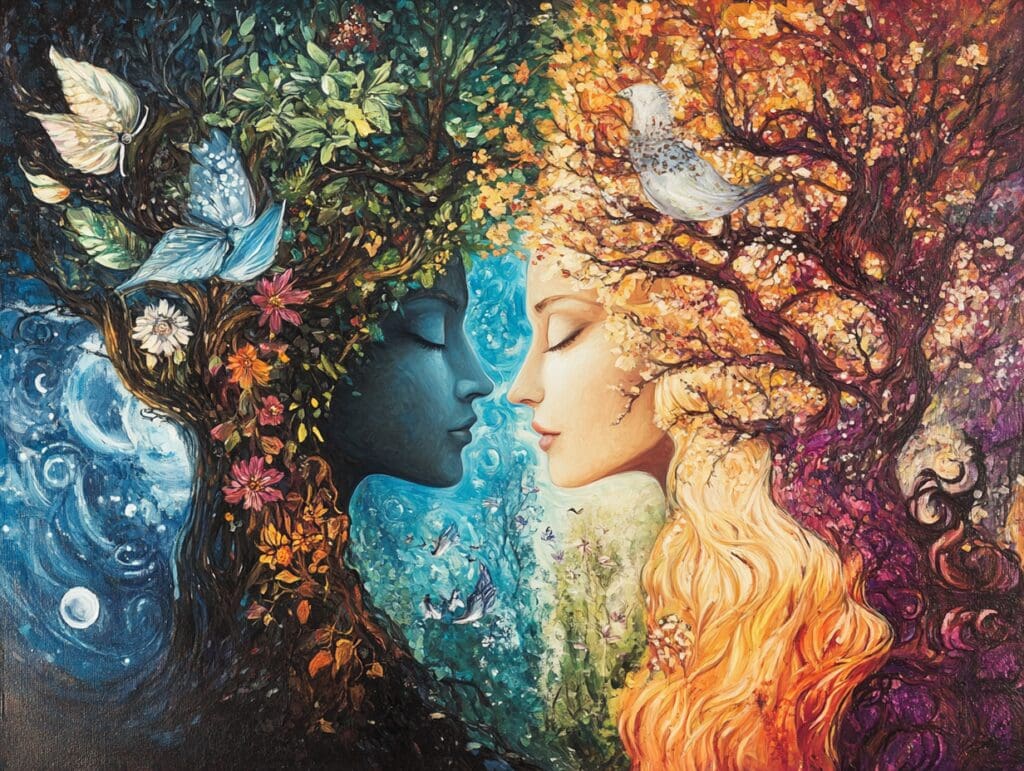 Whimsical art symbolizing dating a Gemini man.