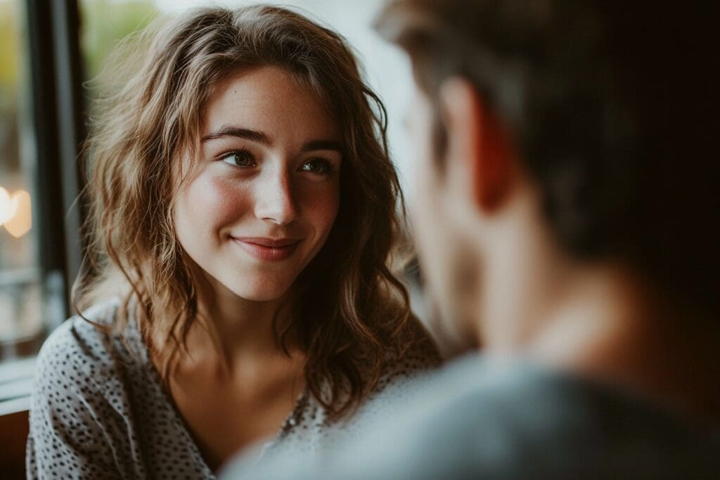 Woman smiling during conversation with man indoors