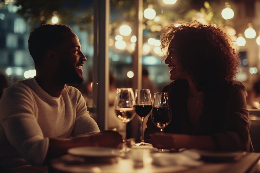 A man and woman sit across from each other at a table in a restaurant with drinks, engaged in conversation under warm ambient lighting.