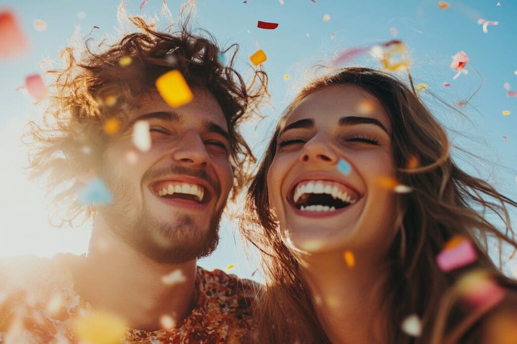 A man and woman laugh together joyfully under falling confetti against a bright, sunlit sky.