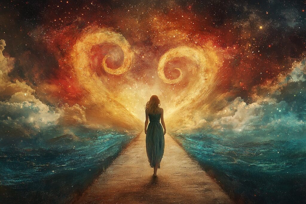 Symbolic fantasy image: A lone figure stands on a path facing a large, swirling formation of fire resembling a heart or vortex, against a dramatic sky